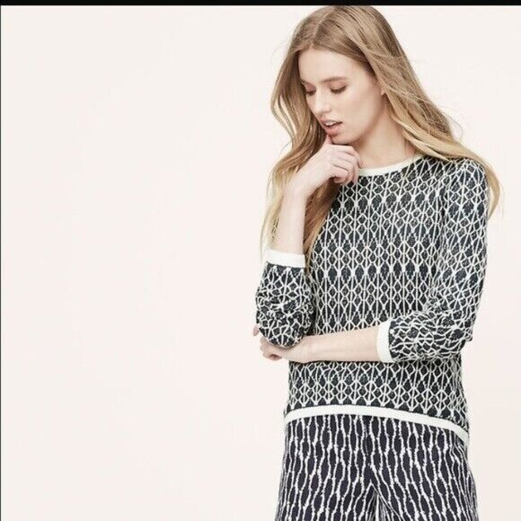 LOFT Sweaters - LOFT BLUE & WHITE GEO KNIT CAREER CASUAL CLASSIC HI-LOW SWEATER SIZE: S NWT